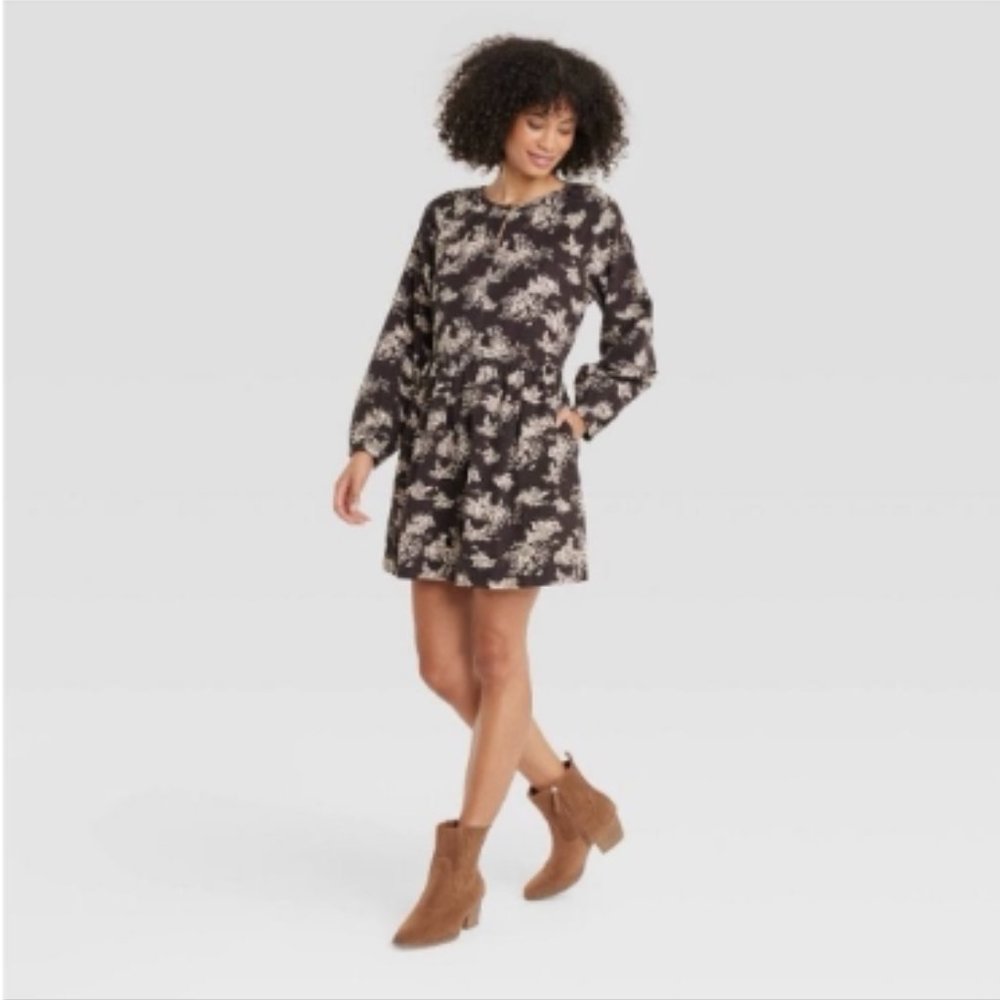 Balloon Long Sleeve Corduroy Shift Dress - Universal Thread Black Floral NWT 2